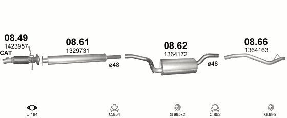 Skica izduvnog sistema za Ford Focus 1.6 — II · 1.6i Ti-VCT 16V, 2004–7/2011 Skica izduvnog sistema za Ford Focus 1.6 — II · 1.6i Ti-VCT 16V, 2004–7/2011