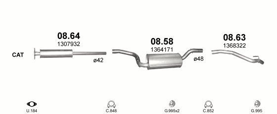 Skica izduvnog sistema za Ford Focus 1.4 — II · 1.4i 16V, 2004–7/2011 Skica izduvnog sistema za Ford Focus 1.4 — II · 1.4i 16V, 2004–7/2011