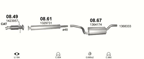 Skica izduvnog sistema za Ford Focus 2.0 — II · 2.0i 16V, 2004–11/2006 Skica izduvnog sistema za Ford Focus 2.0 — II · 2.0i 16V, 2004–11/2006