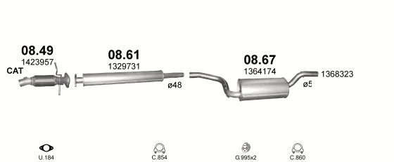 Skica izduvnog sistema za Ford Focus 2.0 — II · 2.0i 16V, 2004–1/2007 Skica izduvnog sistema za Ford Focus 2.0 — II · 2.0i 16V, 2004–1/2007