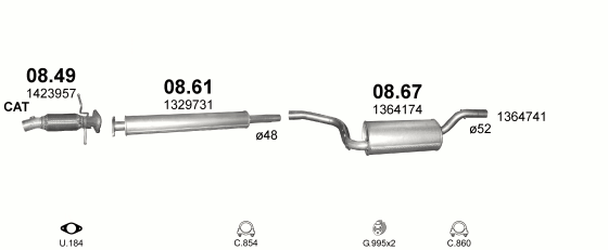 Skica izduvnog sistema za Ford Focus 2.0 — II · 2.0i 16V, 2004–11/2006 Skica izduvnog sistema za Ford Focus 2.0 — II · 2.0i 16V, 2004–11/2006