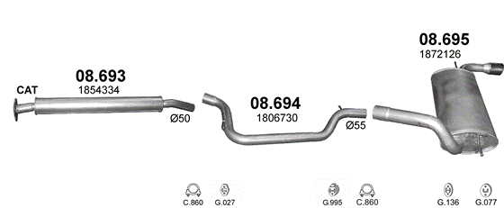 Skica izduvnog sistema za Ford Focus 1.5 — III · 1.5 EcoBoost, 2014–12/2017 Skica izduvnog sistema za Ford Focus 1.5 — III · 1.5 EcoBoost, 2014–12/2017