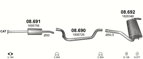 Skica izduvnog sistema za Ford Focus 1.6 — III · 1.6 Ti-VCT, 2011–6/2019 Skica izduvnog sistema za Ford Focus 1.6 — III · 1.6 Ti-VCT, 2011–6/2019