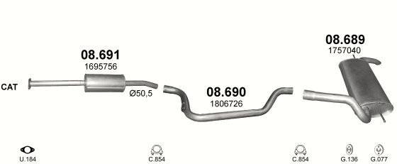 Skica izduvnog sistema za Ford Focus 1.6 — III · 1.6 Ti-VCT, 2011–6/2019 Skica izduvnog sistema za Ford Focus 1.6 — III · 1.6 Ti-VCT, 2011–6/2019