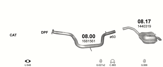 Skica izduvnog sistema za Ford S-Max 2.0 D — 2.0 TDCi dizel, 2010–1/2015 Skica izduvnog sistema za Ford S-Max 2.0 D — 2.0 TDCi dizel, 2010–1/2015