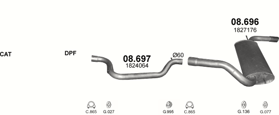 Skica izduvnog sistema za Ford Focus 2.0 D — III · 2.0 TDCi dizel, 2011–2016 Skica izduvnog sistema za Ford Focus 2.0 D — III · 2.0 TDCi dizel, 2011–2016