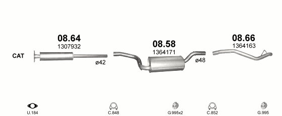 Skica izduvnog sistema za Ford Focus 1.4 — II · 1.4i 16V, 2004–7/2011 Skica izduvnog sistema za Ford Focus 1.4 — II · 1.4i 16V, 2004–7/2011