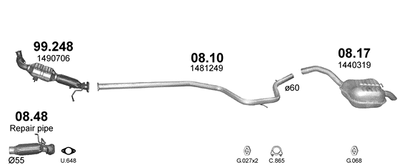 Skica izduvnog sistema za Ford S-Max 1.8 D — 1.8 TDCi dizel, 2006–2011 Skica izduvnog sistema za Ford S-Max 1.8 D — 1.8 TDCi dizel, 2006–2011