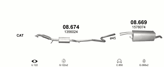 Skica izduvnog sistema za Ford Fusion 1.6 — 1.6i 16V, 2002–11/2009