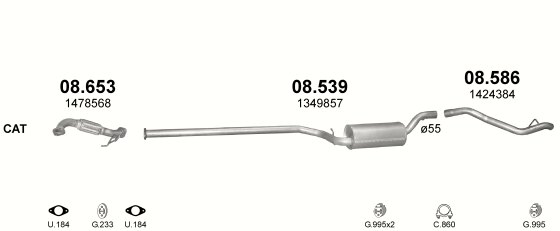 Skica izduvnog sistema za Ford Focus 1.6 D — II · 1.6 TDCi dizel, 2004–7/2011 Skica izduvnog sistema za Ford Focus 1.6 D — II · 1.6 TDCi dizel, 2004–7/2011