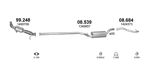 Skica izduvnog sistema za Ford Focus 1.8 D — II · 1.8 TDCi dizel, 2004–7/2011 Skica izduvnog sistema za Ford Focus 1.8 D — II · 1.8 TDCi dizel, 2004–7/2011