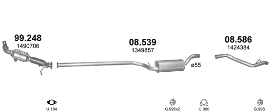 Skica izduvnog sistema za Ford Focus 1.8 D — II · 1.8 TDCi dizel, 2004–7/2011 Skica izduvnog sistema za Ford Focus 1.8 D — II · 1.8 TDCi dizel, 2004–7/2011
