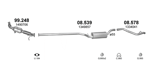 Skica izduvnog sistema za Ford Focus 1.8 D — II · 1.8 TDCi dizel, 2004–7/2011 Skica izduvnog sistema za Ford Focus 1.8 D — II · 1.8 TDCi dizel, 2004–7/2011