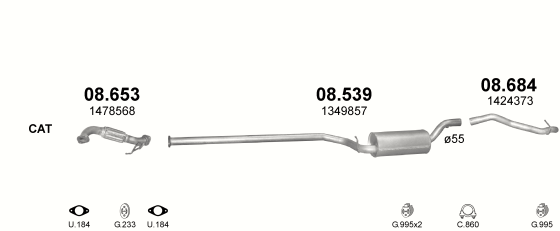 Skica izduvnog sistema za Ford Focus 1.6 D — II · 1.6 TDCi dizel, 2004–7/2011 · 2008–7/2011 Skica izduvnog sistema za Ford Focus 1.6 D — II · 1.6 TDCi dizel, 2004–7/2011 · 2008–7/2011