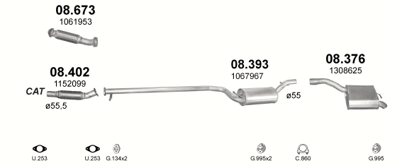 Skica izduvnog sistema za Ford Focus 1.8 D — II · 1.8 TDi dizel, 1998–12/1999 Skica izduvnog sistema za Ford Focus 1.8 D — II · 1.8 TDi dizel, 1998–12/1999