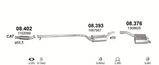 Skica izduvnog sistema za Ford Focus 1.8 D — II · 1.8 TDCi dizel, 2001–8/2002 · 2002–5/2004 · 2004–9/2004 Skica izduvnog sistema za Ford Focus 1.8 D — II · 1.8 TDCi dizel, 2001–8/2002 · 2002–5/2004 · 2004–9/2004