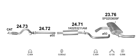 Skica izduvnog sistema za Seat Altea 1.2, 2010–8/2015, monovolumen