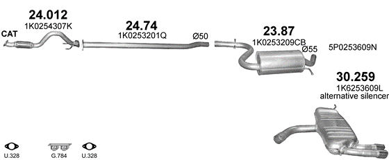 Skica izduvnog sistema za Seat Altea 1.4, 2007–5/2011, monovolumen