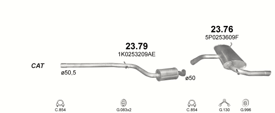 Skica izduvnog sistema za Seat Altea 1.4, 2007–12/2013, monovolumen