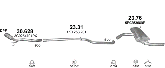Skica izduvnog sistema za Seat Altea 1.6 D, od 2009, monovolumen