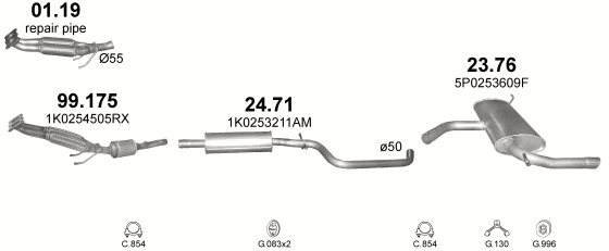 Skica izduvnog sistema za Seat Altea 1.6, 2004–12/2015, monovolumen