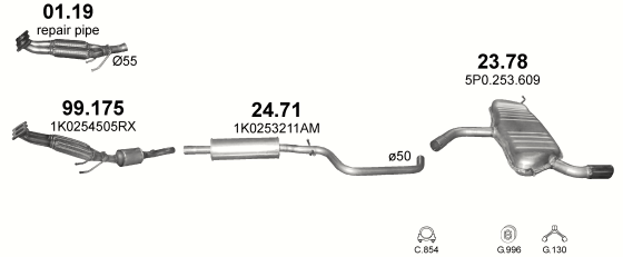 Skica izduvnog sistema za Seat Altea 1.6, 2004–11/2010 · od 2009, monovolumen