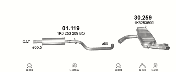 Skica izduvnog sistema za Seat Altea 2.0 D, 2004–3/2005, monovolumen