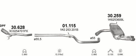 Skica izduvnog sistema za Seat Altea 2.0 D, 2005–10/2011 · od 2010, monovolumen
