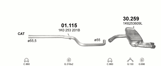 Skica izduvnog sistema za Seat Altea 2.0 D, 2005–9/2011, monovolumen