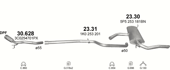 Skica izduvnog sistema za Seat Altea XL 1.9 D, 2006–12/2010, monovolumen