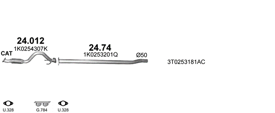 Skica izduvnog sistema za Škoda Superb 1.4, 2008–5/2015, liftbek / SW / karavan