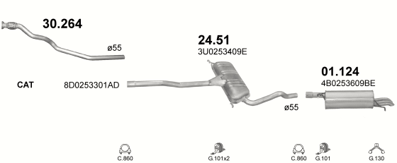 Skica izduvnog sistema za Škoda Superb 1.9 D, 2001–3/2008, sedan / limuzina