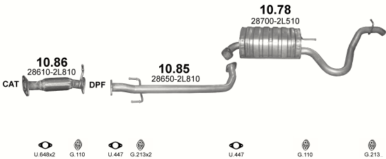 Skica izduvnog sistema za Hyundai i30 1.6 D — 1.6 CRDi dizel, 2007–8/2012 Skica izduvnog sistema za Hyundai i30 1.6 D — 1.6 CRDi dizel, 2007–8/2012