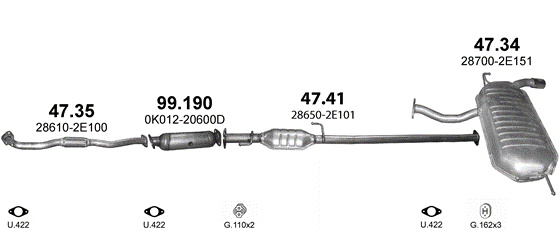 Skica izduvnog sistema za Hyundai Tucson 2.0 — 2.0i 16V 4WD, 2004–3/2010
