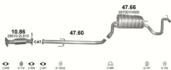 Skica izduvnog sistema za Kia Ceed 1.6 D — 1.6 CRDi dizel (5 vrata), 2006–7/2009 Skica izduvnog sistema za Kia Ceed 1.6 D — 1.6 CRDi dizel (5 vrata), 2006–7/2009