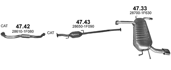 Skica izduvnog sistema za Kia Sportage 2.0 — 2.0i 16V 2WD, 2008–5/2010 Skica izduvnog sistema za Kia Sportage 2.0 — 2.0i 16V 2WD, 2008–5/2010
