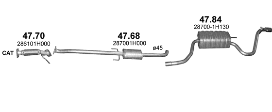 Skica izduvnog sistema za Kia Pro Ceed 1.4 — 1.4i 16V (3 vrata), 2006–7/2009 Skica izduvnog sistema za Kia Pro Ceed 1.4 — 1.4i 16V (3 vrata), 2006–7/2009