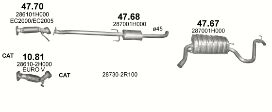 Skica izduvnog sistema za Kia Ceed 1.4 — 1.4i 16V (5 vrata), 2006–7/2009 Skica izduvnog sistema za Kia Ceed 1.4 — 1.4i 16V (5 vrata), 2006–7/2009