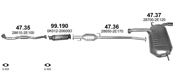 Skica izduvnog sistema za Kia Sportage 2.0 — 2.0i 16V 2WD, 2004–5/2010 Skica izduvnog sistema za Kia Sportage 2.0 — 2.0i 16V 2WD, 2004–5/2010