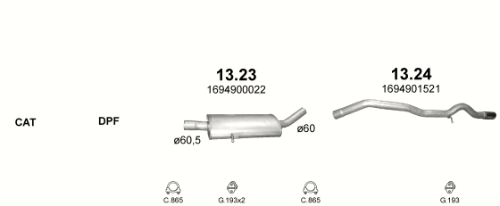Skica izduvnog sistema za Mercedes-Benz A180 W169 2.0 CDI, 2004–6/2012, hečbek Skica izduvnog sistema za Mercedes-Benz A180 W169 2.0 CDI, 2004–6/2012, hečbek