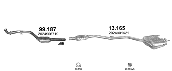 Skica izduvnog sistema za Mercedes-Benz C180 W202 1.8 benzin, 1997–4/2000, sedan / limuzina Skica izduvnog sistema za Mercedes-Benz C180 W202 1.8 benzin, 1997–4/2000, sedan / limuzina