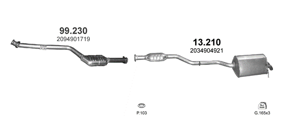 Skica izduvnog sistema za Mercedes-Benz C200 W203 1.8 Kompressor, 2002–3/2007, sedan / limuzina