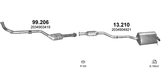 Skica izduvnog sistema za Mercedes-Benz C200 W203 2.0 Kompressor, 2000–7/2002, sedan / limuzina