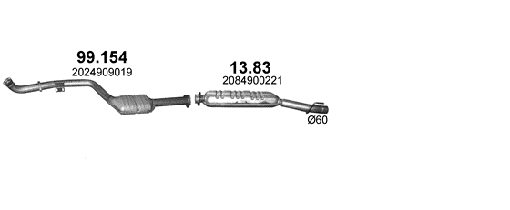 Skica izduvnog sistema za Mercedes-Benz CLK200 C208 2.0 Kompressor, 1997–6/2000, kupe / kabriolet Skica izduvnog sistema za Mercedes-Benz CLK200 C208 2.0 Kompressor, 1997–6/2000, kupe / kabriolet