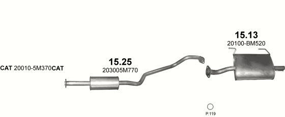 Skica izduvnog sistema za Nissan Almera 1.5 — 1.5i 16V, 2000–11/2002
