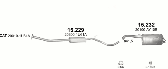 Skica izduvnog sistema za Nissan Note 1.4 — 1.4i 16V, 2006–10/2007 Skica izduvnog sistema za Nissan Note 1.4 — 1.4i 16V, 2006–10/2007