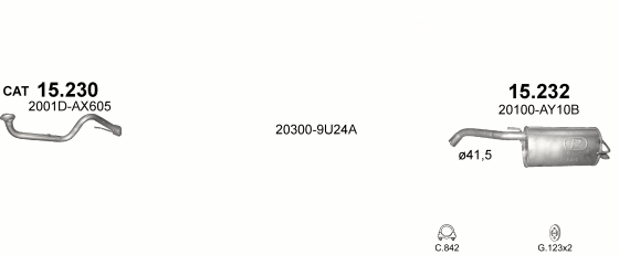 Skica izduvnog sistema za Nissan Note 1.4 — 1.4i 16V, 2007–4/2009 Skica izduvnog sistema za Nissan Note 1.4 — 1.4i 16V, 2007–4/2009