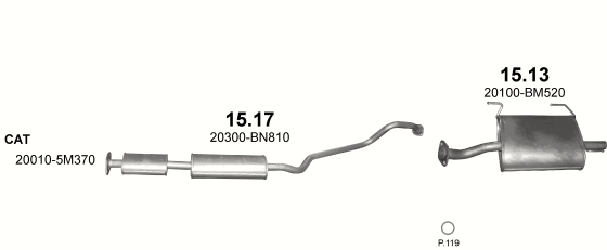 Skica izduvnog sistema za Nissan Almera 1.8 — 1.8i 16V / 1.8i 16V Man., 2001–8/2002 · 2002–2006