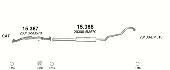 Skica izduvnog sistema za Nissan Almera 2.2 D — 2.2 Td dizel / 2.2 dCi dizel, 2001–2/2003 · 2003–2006