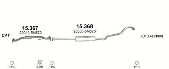 Skica izduvnog sistema za Nissan Almera 2.2 D — 2.2 Td dizel / 2.2 dCi dizel, 2000–2/2003 · 2003–2006